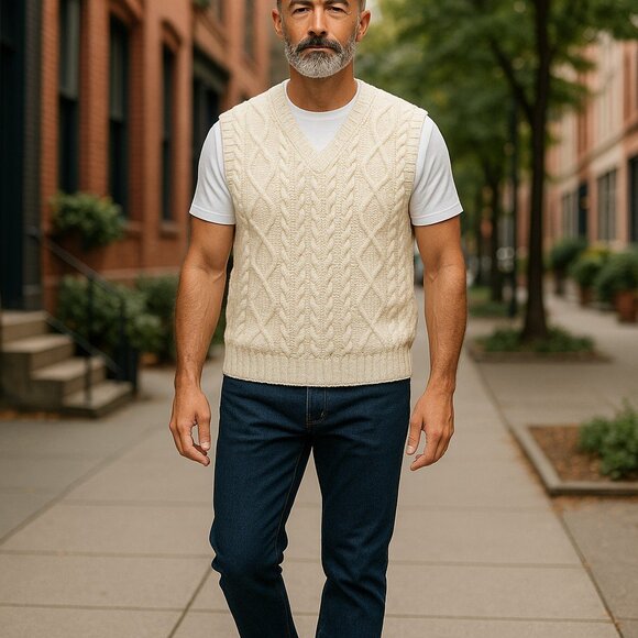 Aran Crafts Ireland 100% Merino Wool Cable Knit Sweater Vest Cream White Size M